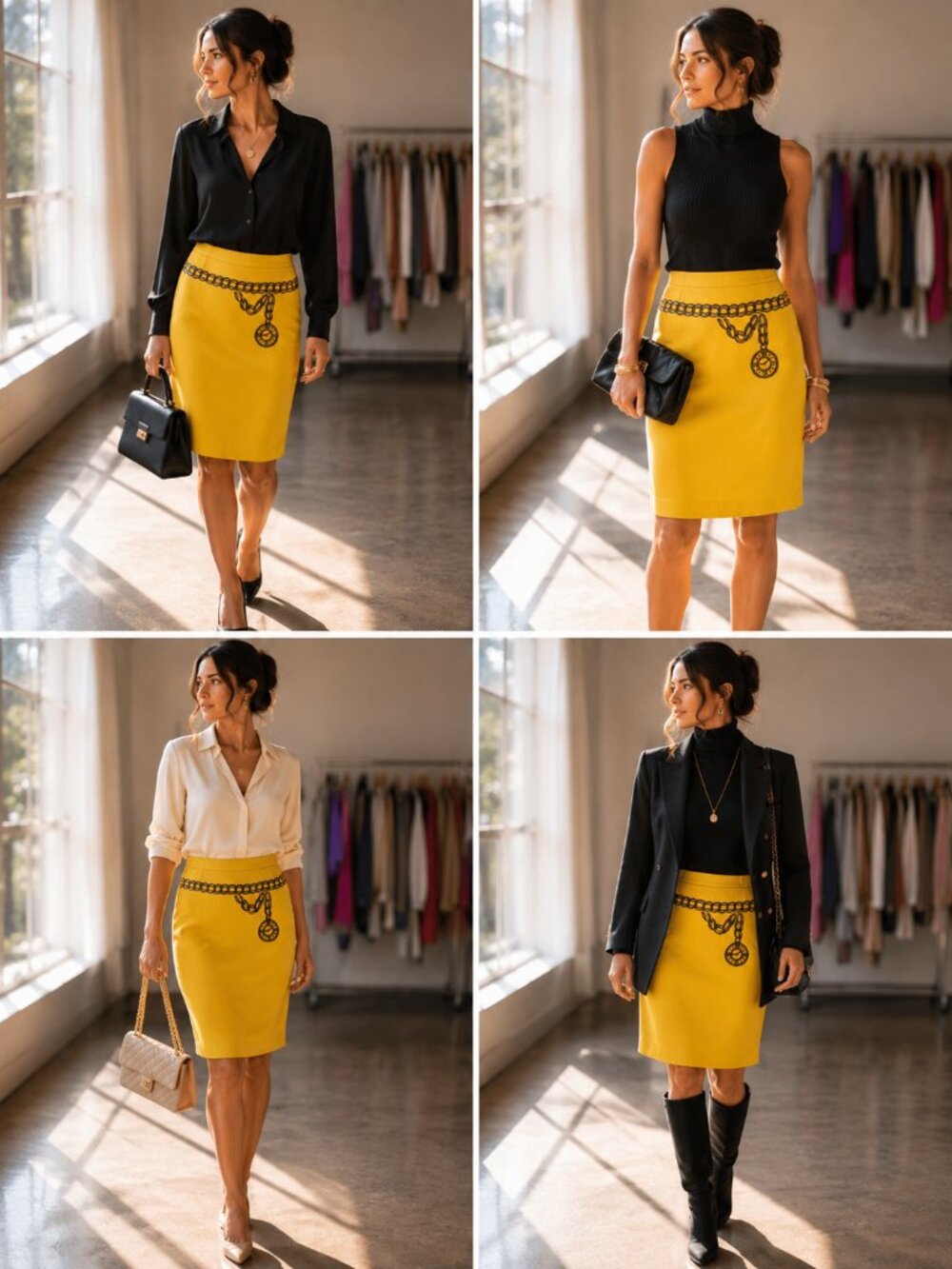 Vintage Escada Margaretha Ley Wool Skirt Yellow Chain Embroidery Sz 42